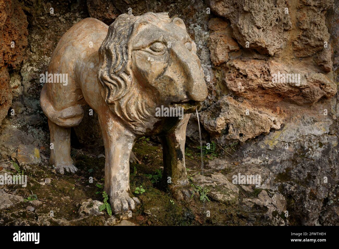 Artigas Gardens (Jardins Artigas) progettato da Antoni Gaudí. Vista della Fontana del Leone di San Marco (la Pobla de Lillet, Catalogna, Spagna) Foto Stock