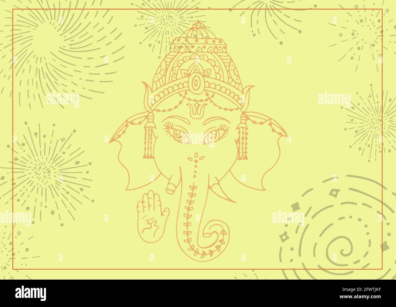 Composizione del disegno indiano di dio di ganesh con gli elementi decorativi e. cornice di linea su sfondo giallo Foto Stock