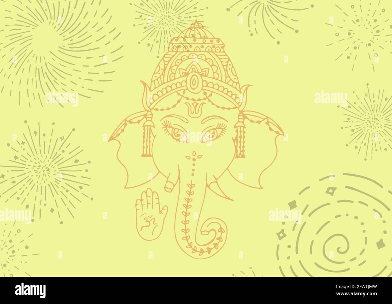 Composizione del disegno indiano di dio di ganesh con gli elementi decorativi sopra sfondo giallo Foto Stock