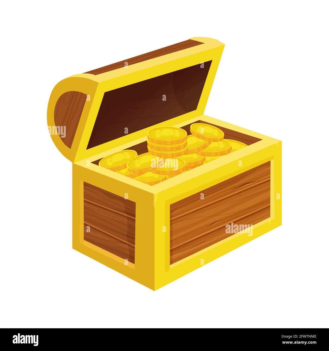 Tesoro pieno di monete d'oro in stile cartone animato isolato su sfondo bianco. Risorsa di gioco, interfaccia utente. Aprire l'oggetto testurizzato in legno. Illustrazione vettoriale Illustrazione Vettoriale