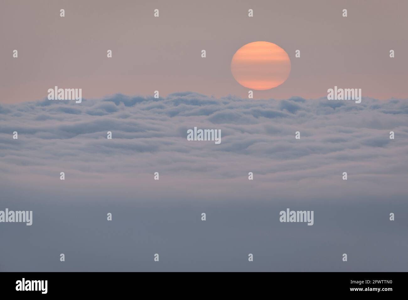 Alba invernale con foschia, nebbia e un mare di nuvole, vista dal Monte Caro (Tarragona, Catalogna, Spagna) ESP: Amanecer de invierno con calima en el Caro Foto Stock