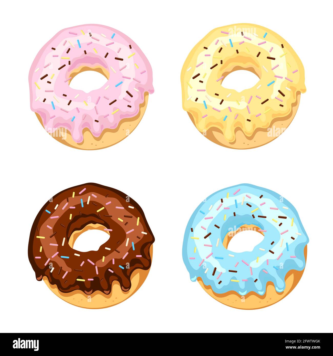 Set di ciambelle colorate con glassa di zucchero e cioccolato con spolveratura multicolore. Illustrazione vettoriale isolata su sfondo bianco. Illustrazione Vettoriale