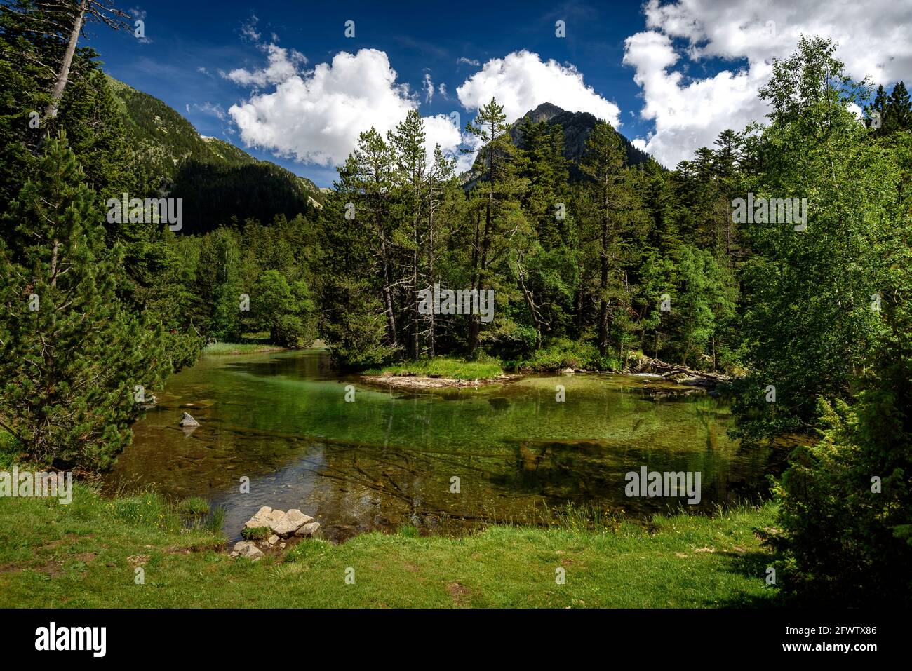 Pianura di Aigüestortes, in estate (Aigüestortes e Parco Nazionale Estany de Sant Maurici, Pirenei, Catalogna, Spagna) Foto Stock