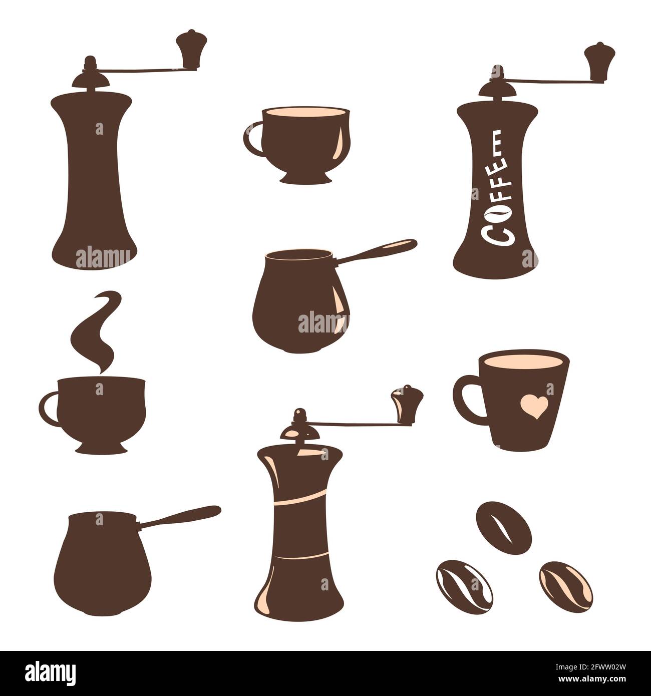 Set di immagini e sagome di chicchi di caffè, tazze, macinacaffè, macchine per caffè. Elementi per la progettazione su sfondo bianco. Illustrazione Vettoriale