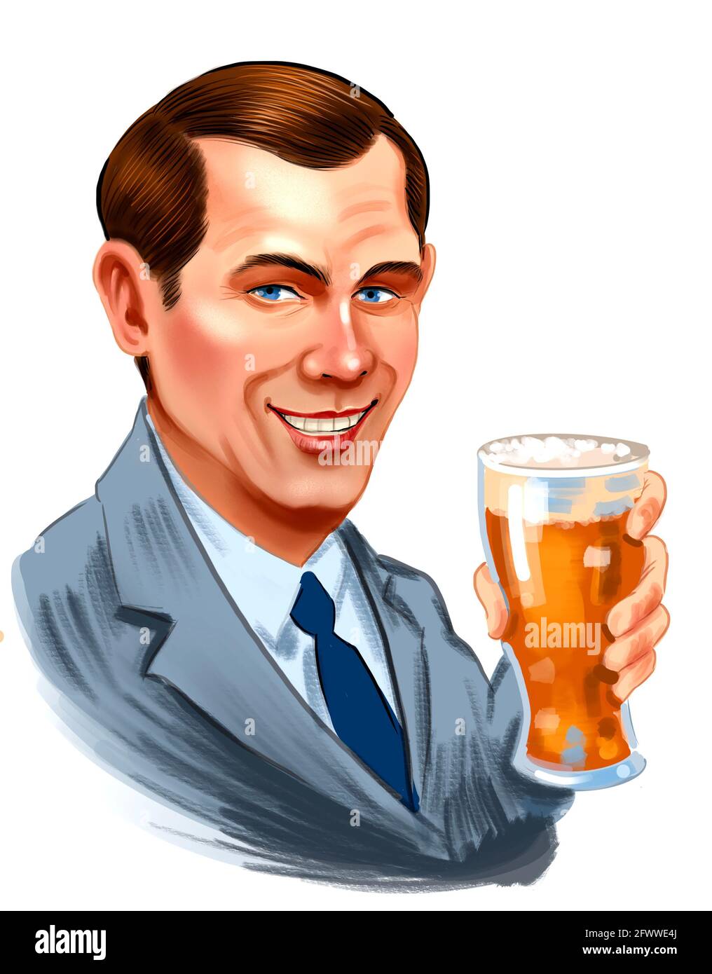 Uomo felice che beve una pinta di birra. Illustrazione digitale Foto Stock