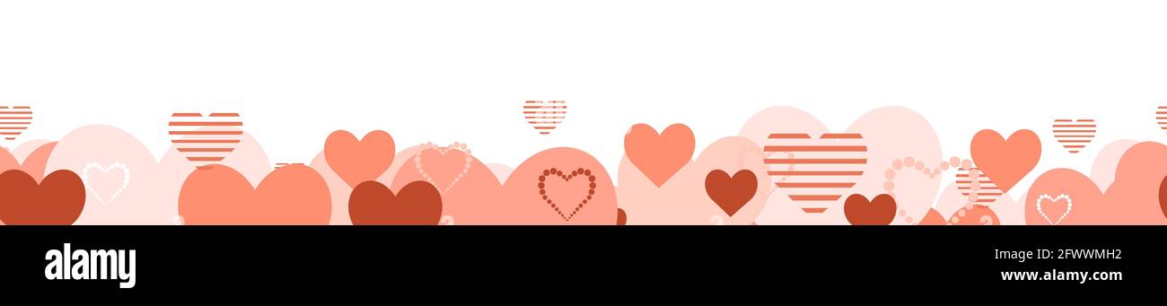 Un sacco di carino cuori rosa. Orizzontale inferiore senza giunture. Oggetto isolato su sfondo bianco. Amore divertente. Stile piatto. Vettore. Illustrazione Vettoriale