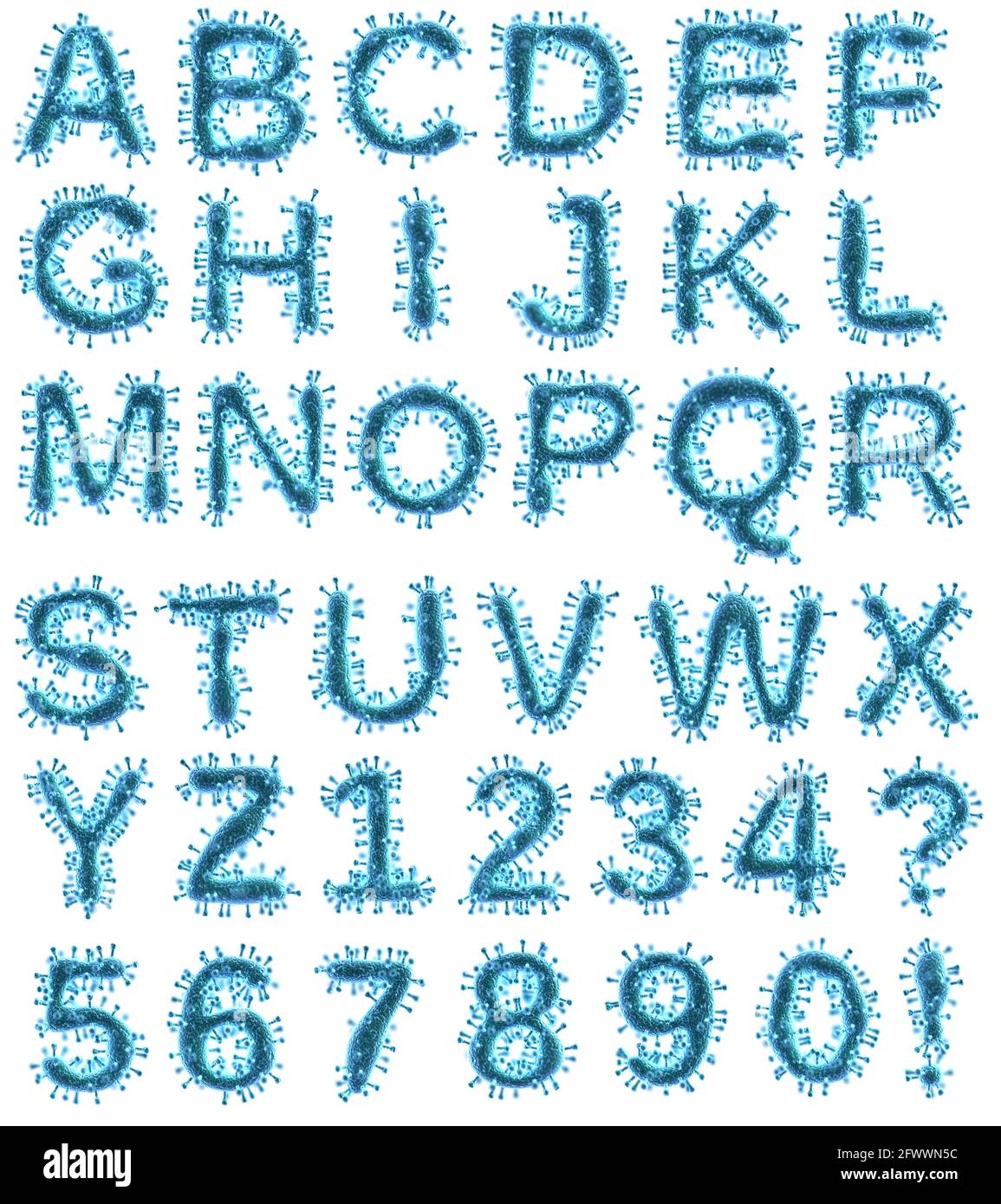 Alfabeto Covid-19 isolato su sfondo bianco. Ogni font è simile su coronavirus. Illustrazione 3d concettuale e creativa Foto Stock
