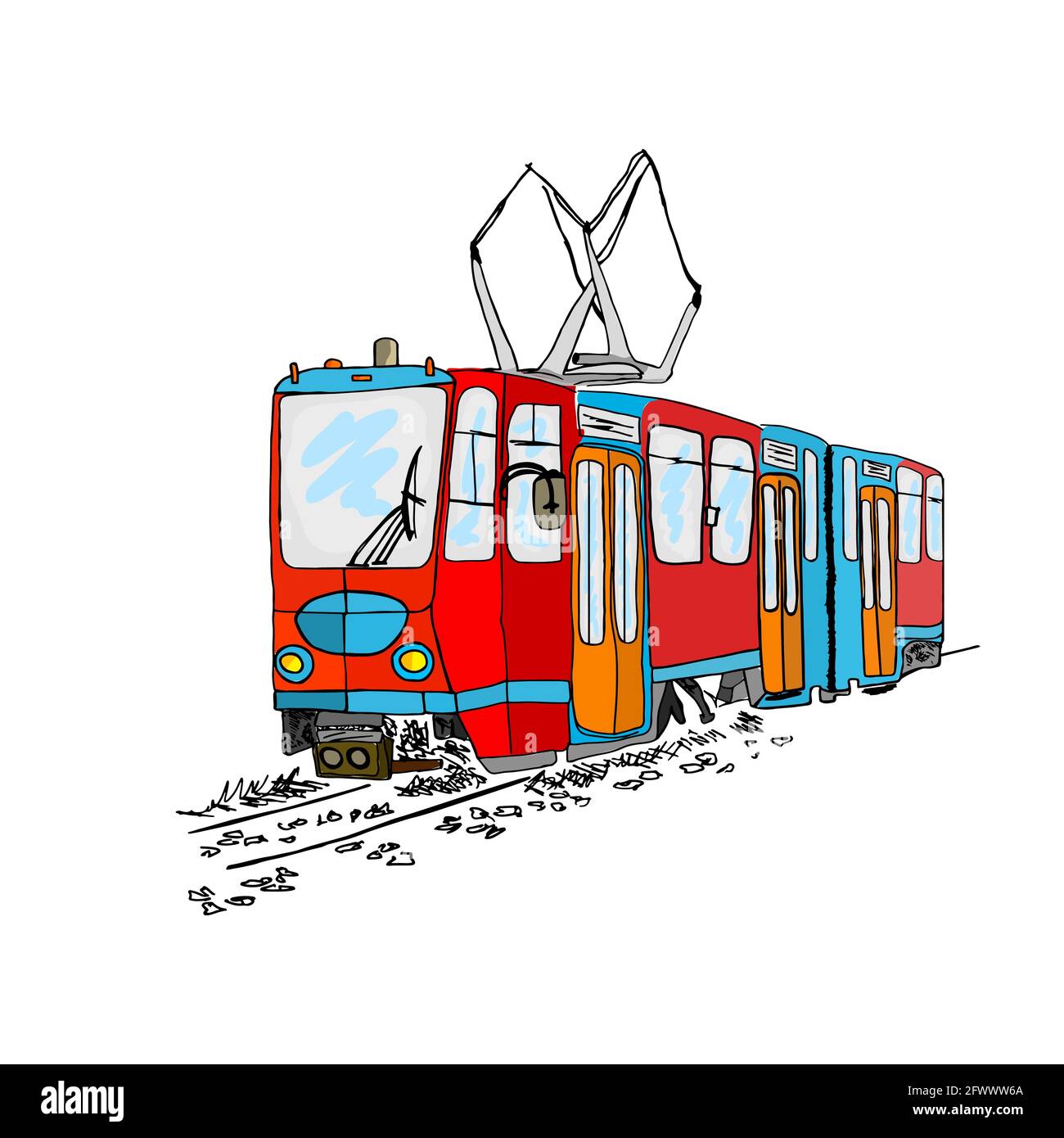 Tram isolato su sfondo bianco. Cartoon trasporto cittadino. Tram vintage. Vecchio tram rosso a Lisbona. Schizzo disegnato a mano. Illustrazione vettoriale stock Illustrazione Vettoriale