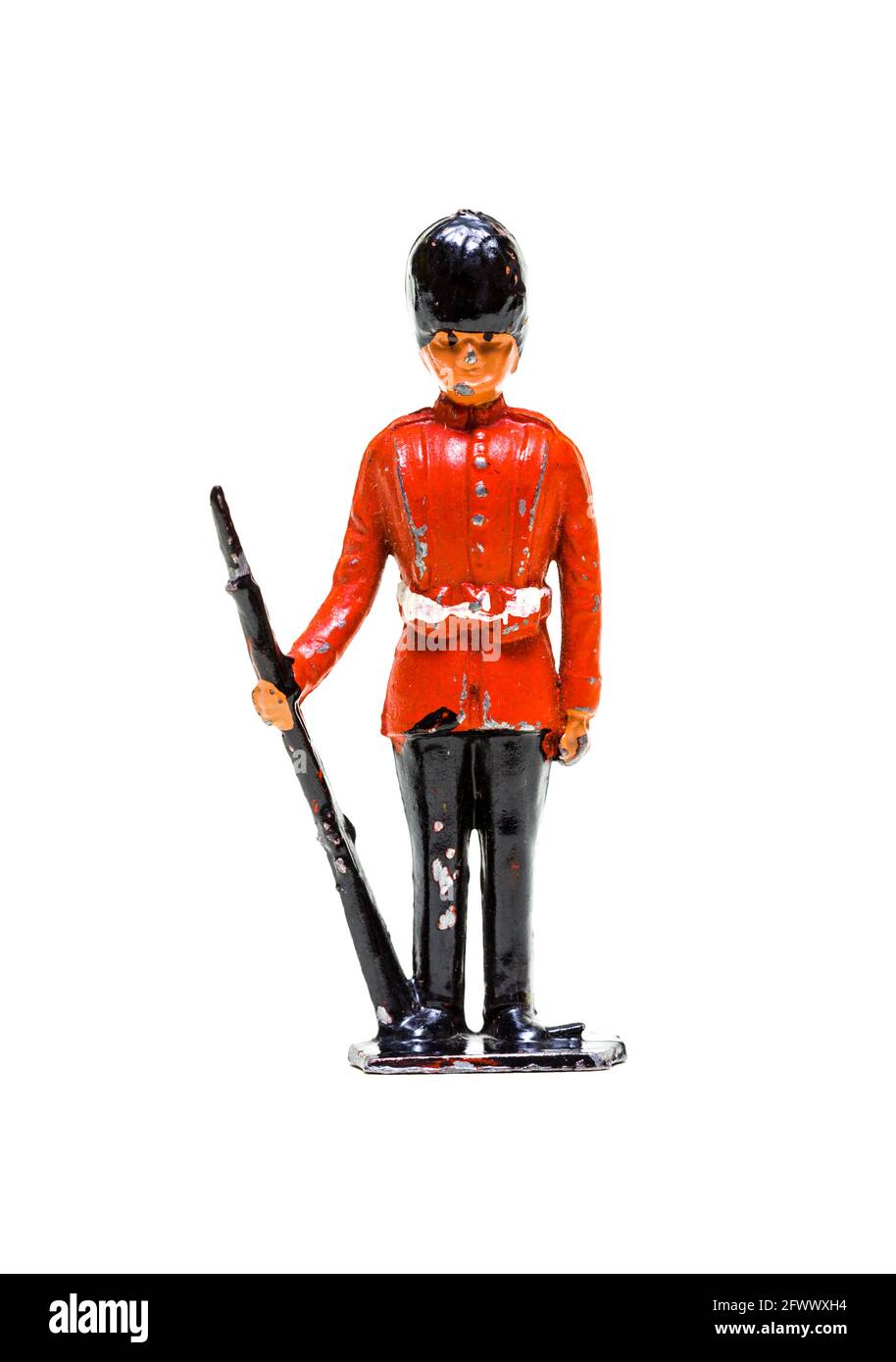 Soldato giocattolo di metallo guardman in gioco condizioni di usura. Foto Stock