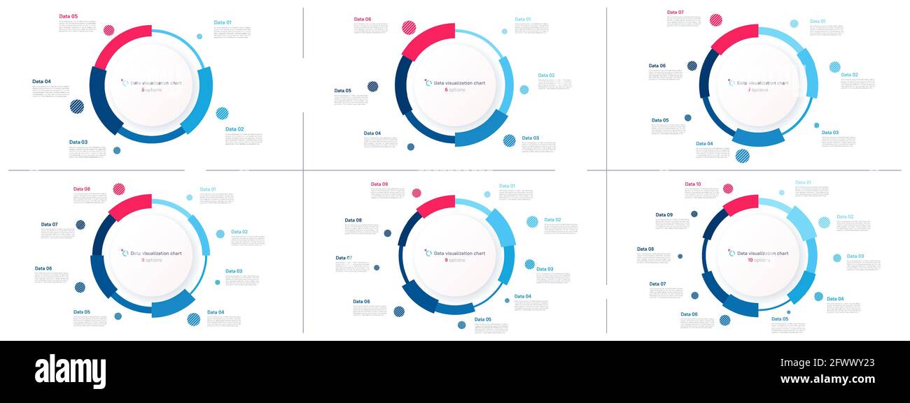 Modelli di infografica dei grafici a torta vettoriali sotto forma di grafico a torta. 5 6 7 8 9 10 opzioni Illustrazione Vettoriale