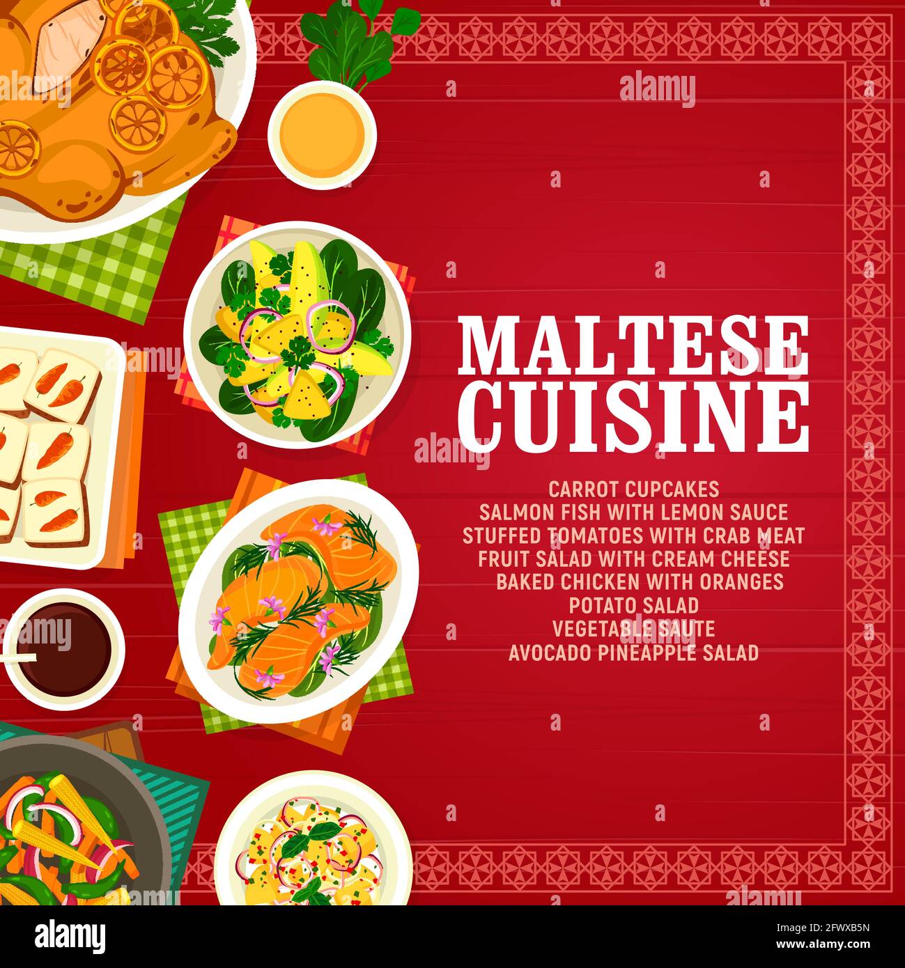 Cucina maltese cupcake di carote vettoriali, pesce di salmone con salsa al limone e pomodori ripieni con carne di granchio. Macedonia di frutta con formaggio cremoso, pollo al forno Illustrazione Vettoriale