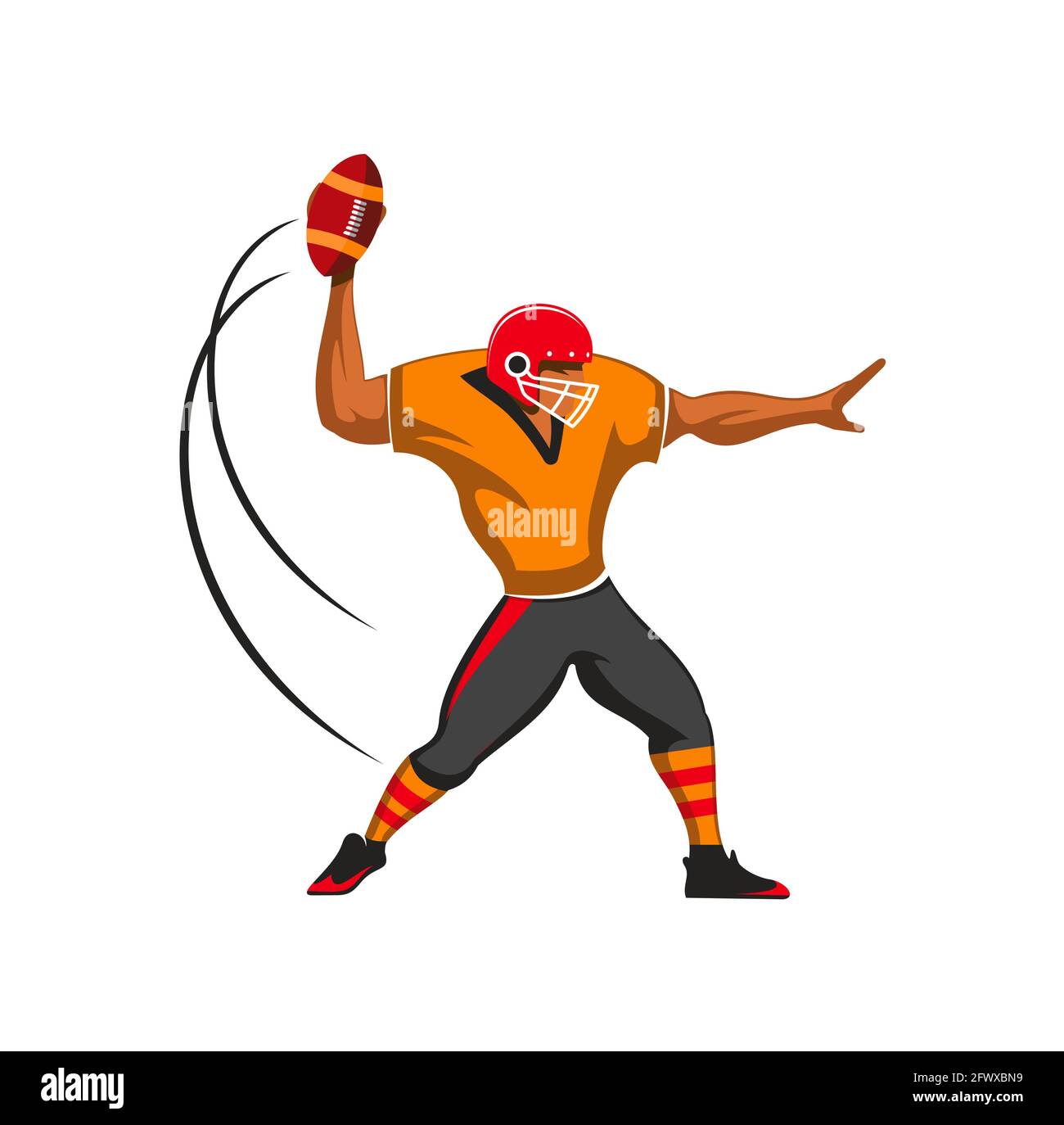 Giocatore di quarterback, atleta di calcio americano in uniforme e casco gettando un passaggio isolato su sfondo bianco. Cartoon muscoloso sportivo Illustrazione Vettoriale