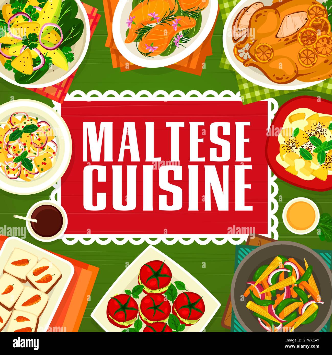 Cucina maltese cupcake di carote vettoriali, pesce di salmone con salsa al limone e pomodori ripieni con carne di granchio. Insalata di frutta con formaggio cremoso, salumi di verdure Illustrazione Vettoriale