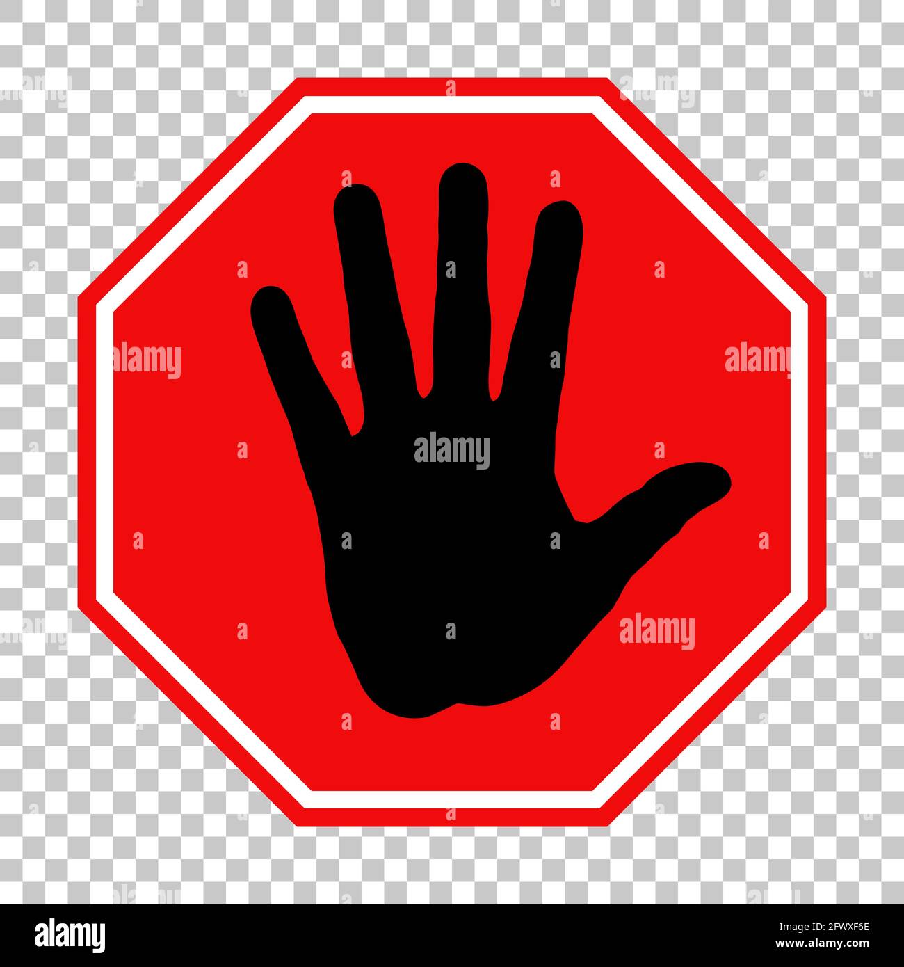 Nessun simbolo, silhouette della mano umana in ottagono rosso. Disegno vettoriale piatto isolato su sfondo trasparente, EPS 8. Illustrazione Vettoriale