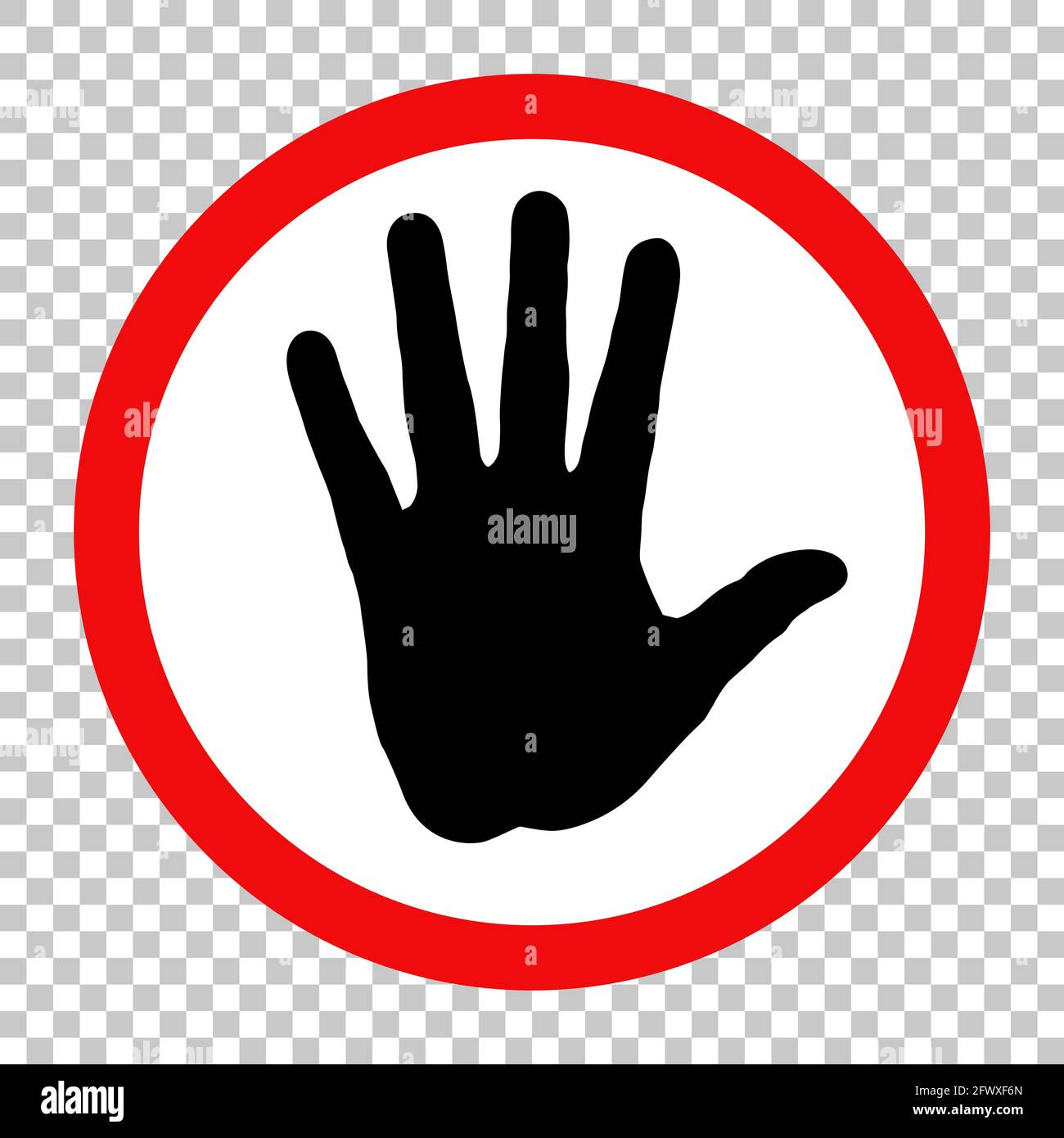 Nessun simbolo, silhouette della mano umana in cerchio rosso. Disegno vettoriale piatto isolato su sfondo trasparente, EPS 8. Illustrazione Vettoriale