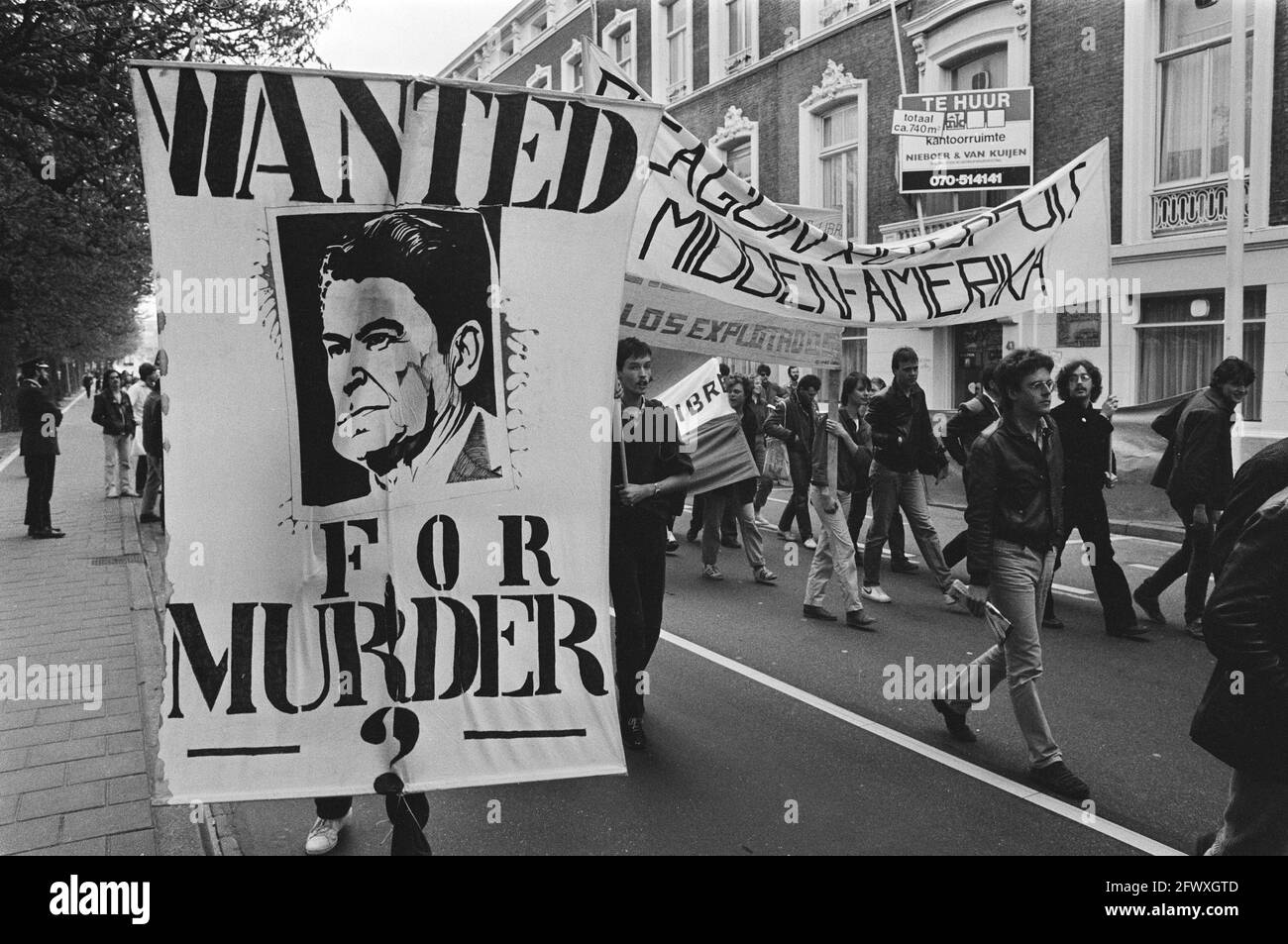 Protesta contro il presidente Reagan, 23 aprile 1983, antiamericanismo, manifestazioni, Striscioni, coulps, Paesi Bassi, foto agenzia stampa del XX secolo, Foto Stock