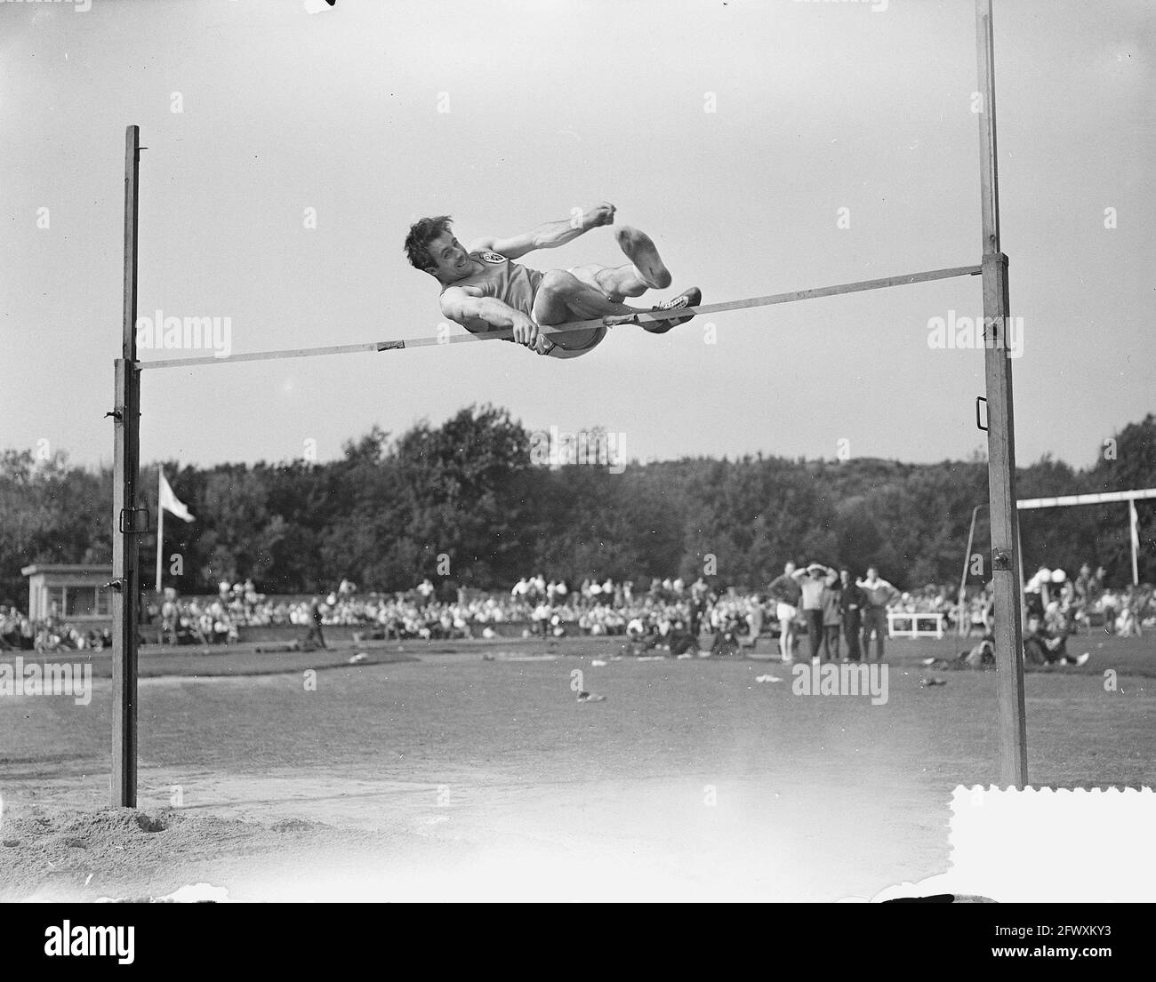 Atletica Olanda Belgio, Herssens campione belga di salto alto, 28 agosto 1955, ATLETICA, salti ALTI, Champion, Paesi Bassi, 20 ° secolo pre Foto Stock