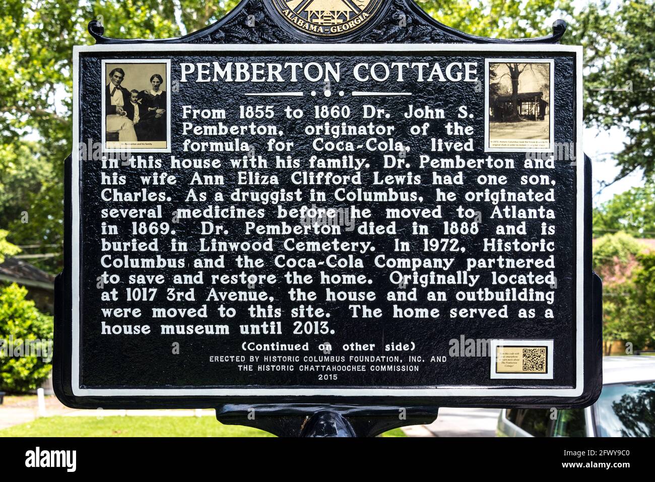 Marcatore storico al Pemberton Cottage, il Columbus, Georgia, casa del Dr. John Stith Pemberton, inventore del farmacista di Coca-Cola. (STATI UNITI) Foto Stock