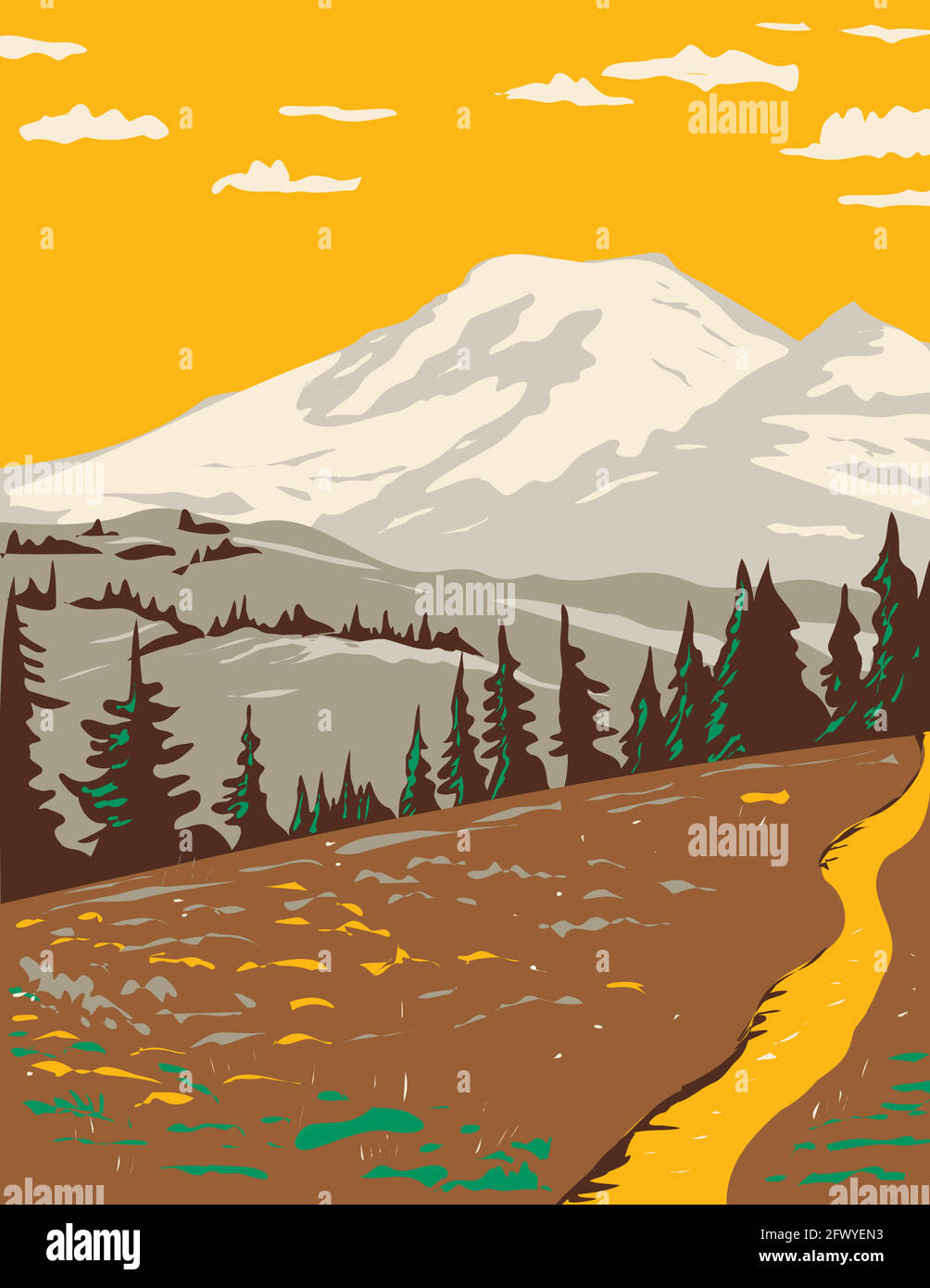 WPA Poster Art of Mount Rainier visto da Cowlitz divide Lungo il Wonderland Trail situato nel Mount Rainier National Park Nello Stato di Washington fatto Illustrazione Vettoriale