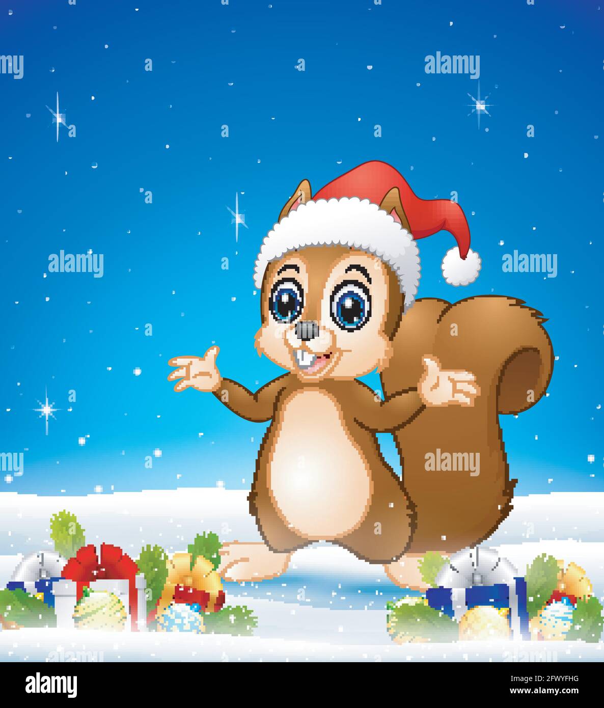Scoiattolo di cartoon che indossa il cappello di santa nello sfondo  invernale con sfere Immagine e Vettoriale - Alamy