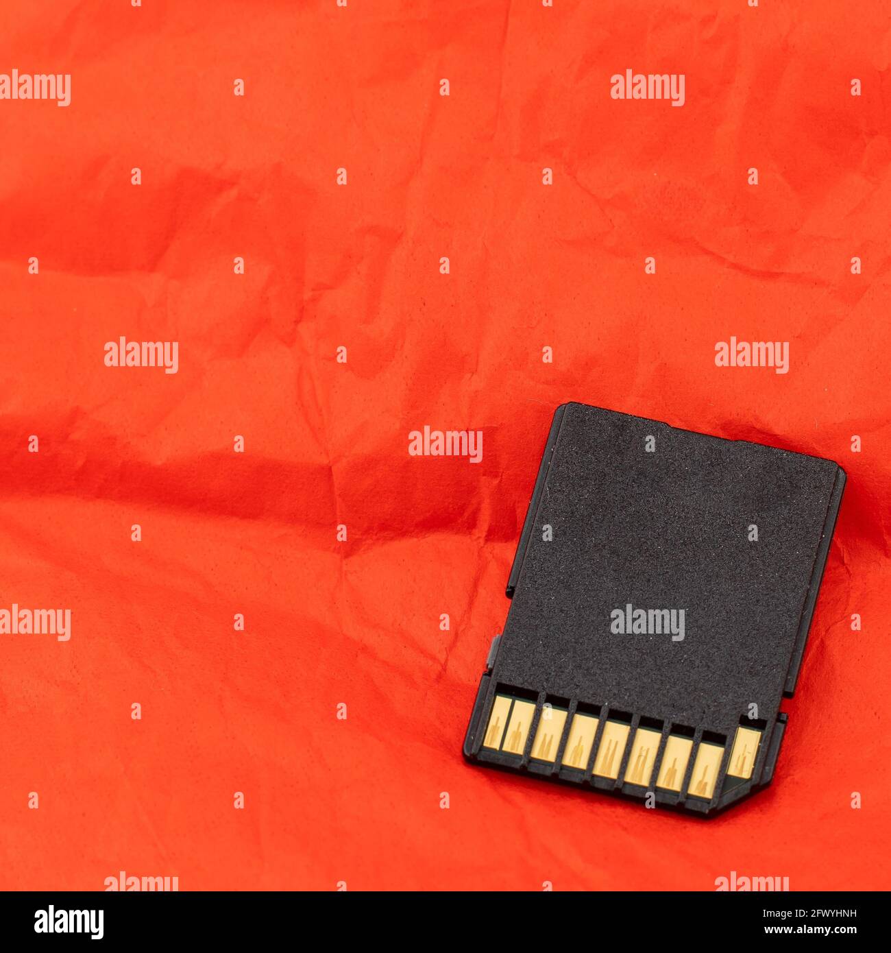 scheda sd, dispositivo di archiviazione, dispositivo fotocamera, su sfondo arancione Foto Stock