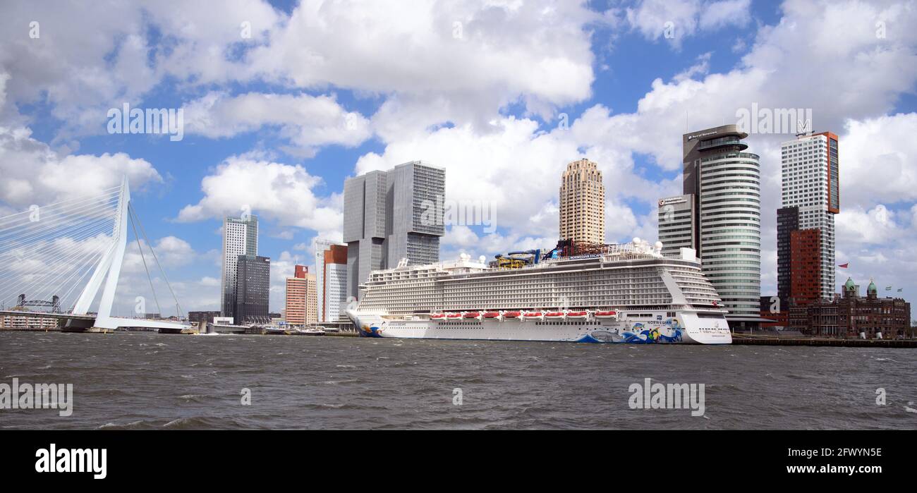 Rotterdam, Paesi Bassi. 21 Maggio 2021. La nave da crociera 'Norwegian Escape' è ormeggiata sulle rive del Maas, accanto agli alti edifici De Rotterdam, progettati dallo studio di architettura Office for Metropolitan Architecture e da altri alti edifici sulla penisola di Kop van Zuid. Sulla sinistra si trova il ponte Erasmus progettato dagli architetti Van Berkel & Bos (ben van Berkel e Caroline Bos). Credit: Soeren Stache/dpa-Zentralbild/dpa/Alamy Live News Foto Stock