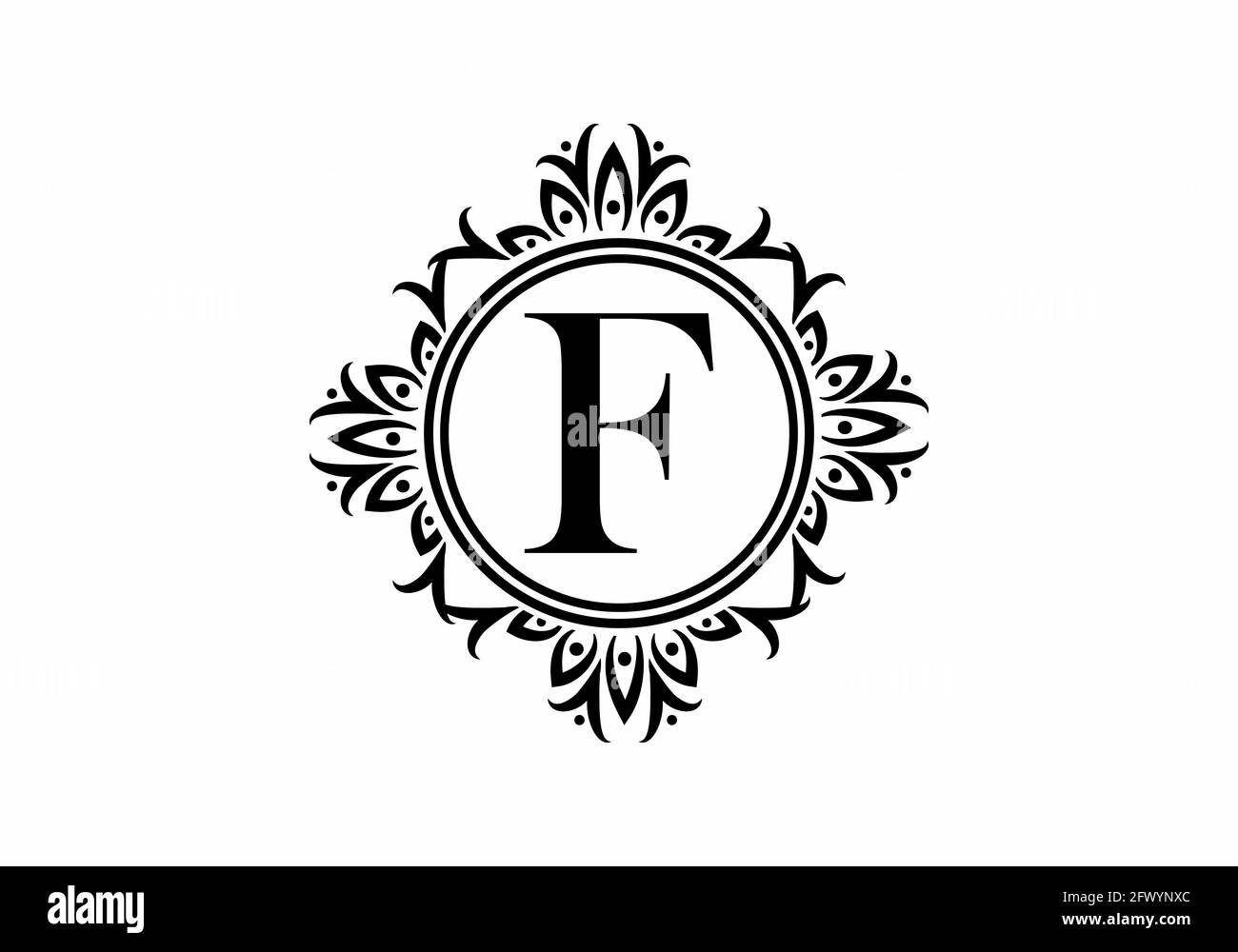 Lettera F iniziale nera nel design classico del telaio Illustrazione Vettoriale