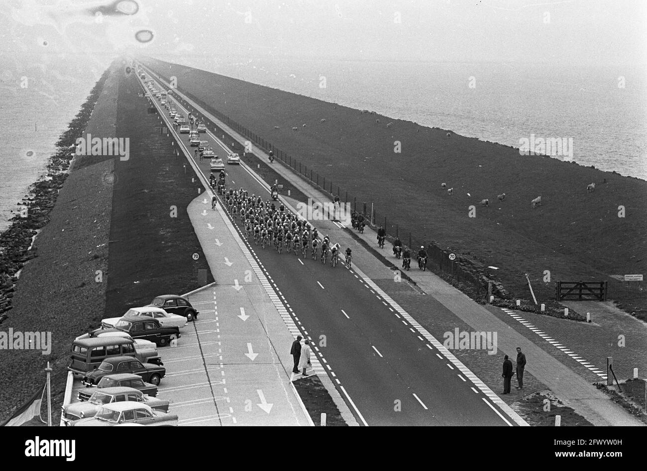 Tour dei Paesi Bassi, dei ciclisti sull'Afsluitdijk, 12 maggio 1965, giri, corse in bicicletta, I Paesi Bassi, foto agenzia stampa del XX secolo, notizie da ricordare, documentario, fotografia storica 1945-1990, storie visive, Storia umana del XX secolo, che cattura momenti nel tempo Foto Stock