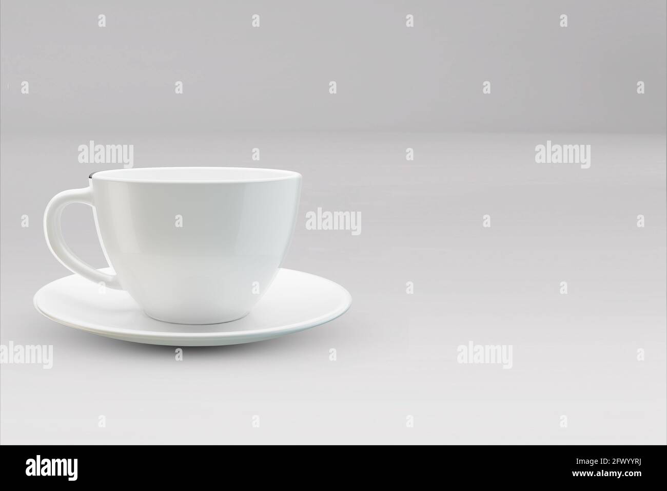 Tazze realistiche per caffè o tazza da tè con manico. Tazza di porcellana per tè o caffè modello mockup isolato. Teacup realistico per colazione, illu 3D Foto Stock