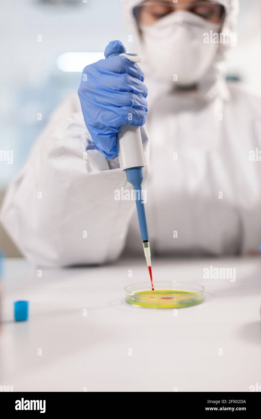 Scienziato che lavora per sviluppare il trattamento del virus vestito in tuta ppe con micropipetta. Chimico in tuta lavorando con vari batteri, campioni di sangue di tessuto per la ricerca di antibiotici. Foto Stock