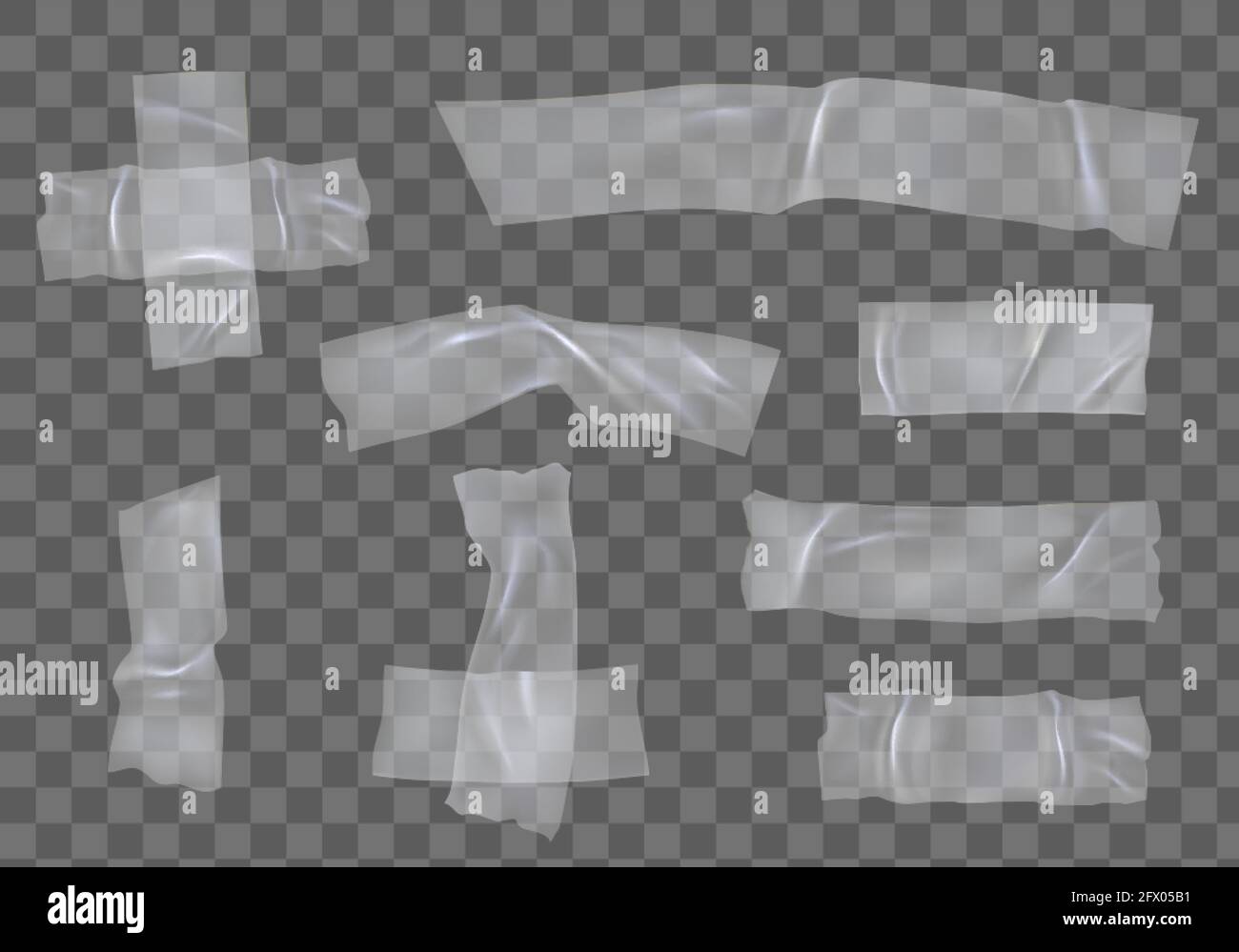 Nastro adesivo in plastica. Telo trasparente realistico per condotti e traversi. Striscia appiccicosa stropicciata con colla per fissare il set vettoriale Illustrazione Vettoriale