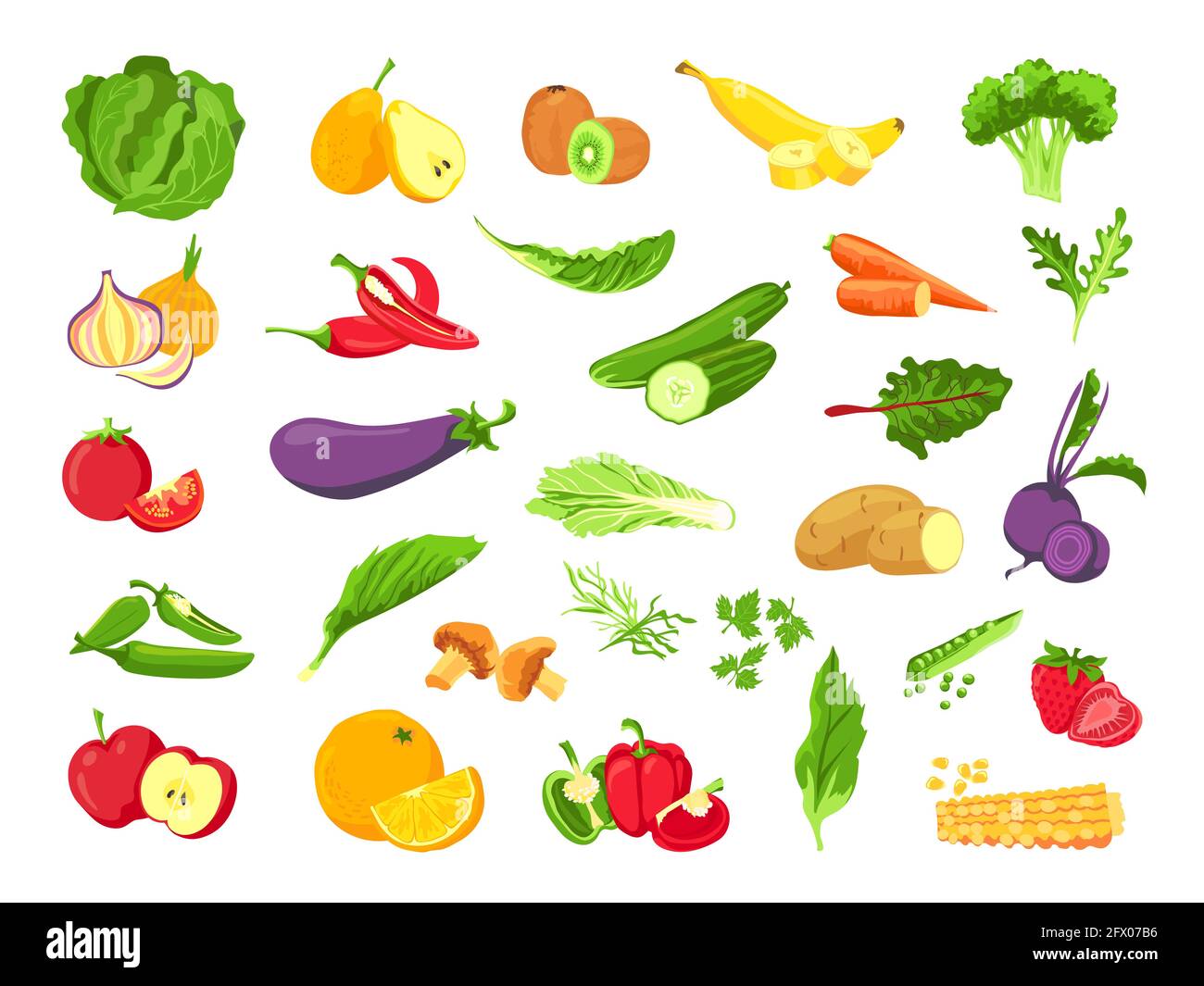 Verdura e frutta. Cibo vegetariano biologico fresco, verdure, insalata, frutta verde, tropicale e frutti di bosco. Insieme vettoriale di prodotti agricoli vegani sani Illustrazione Vettoriale