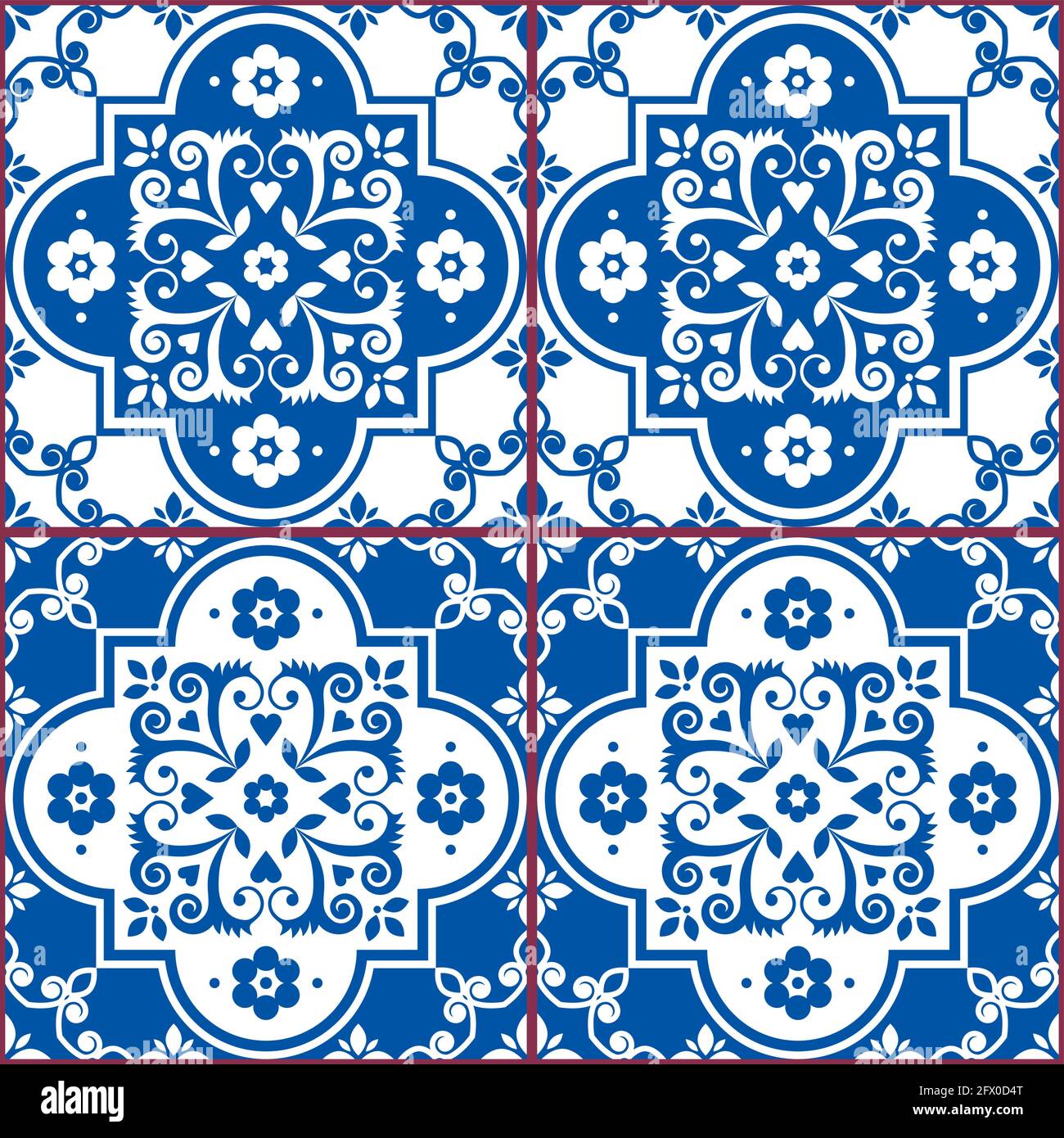 Piastrelle Azulejo motivo vettoriale senza cuciture in blu navy e bianco, tradizionale design floreale ispirato alla mattonelle d'arte di Lisbona, Portogallo Illustrazione Vettoriale