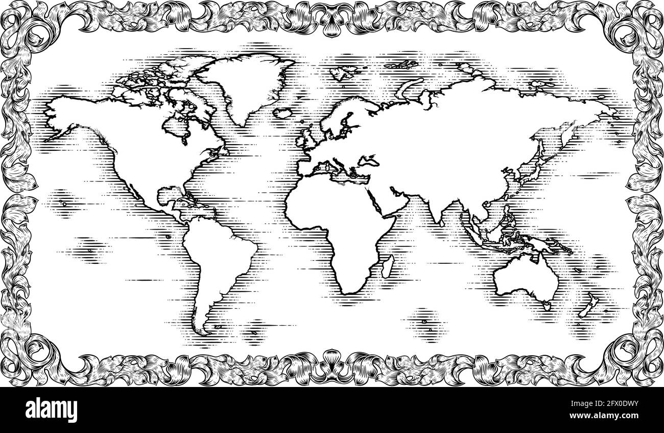 Mappa del mondo disegno vecchio stile inciso Woodcut Illustrazione Vettoriale