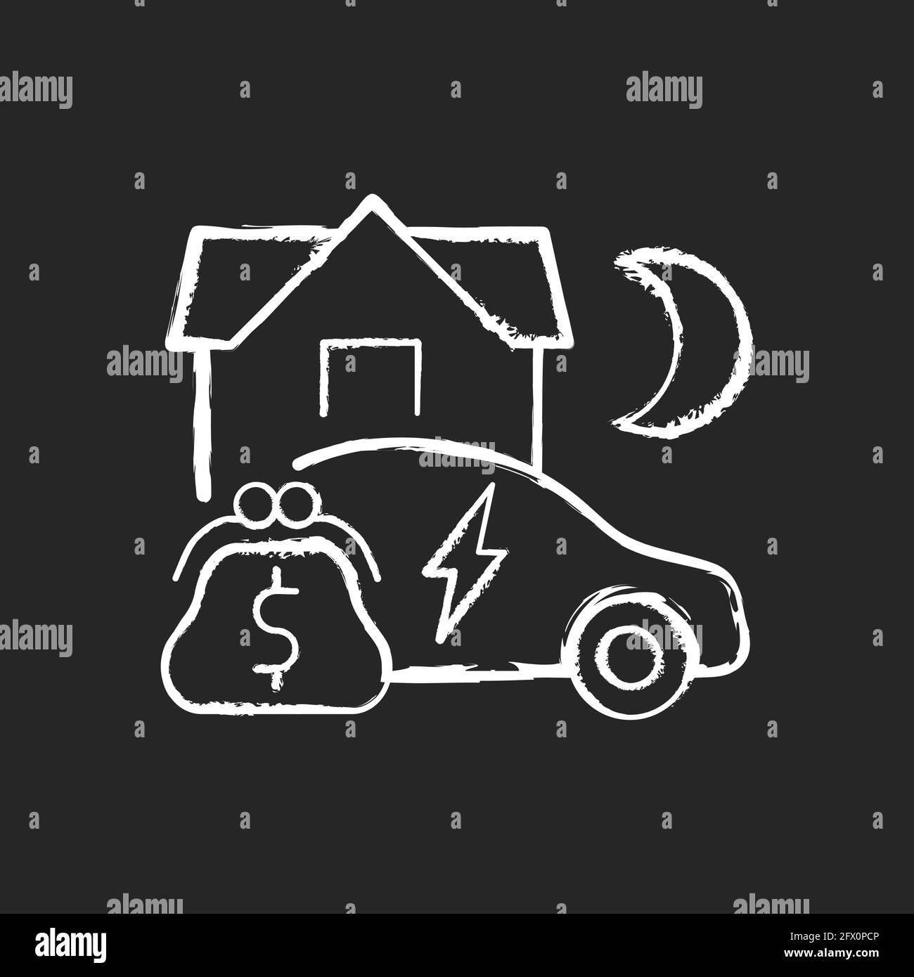Icona bianca gesso della tariffa energetica EV su sfondo nero Illustrazione Vettoriale