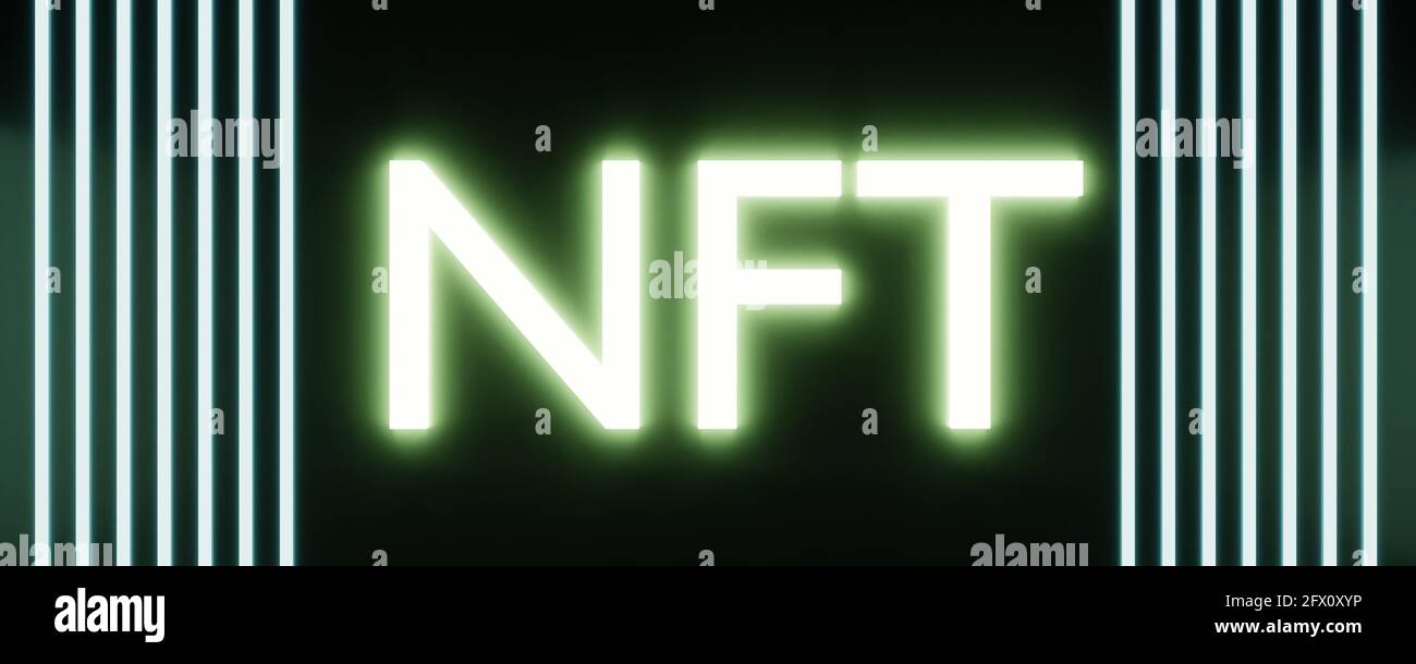 Gettone non fungibile FFT su sfondo blu. Tecnologia high-tech. Foto Stock