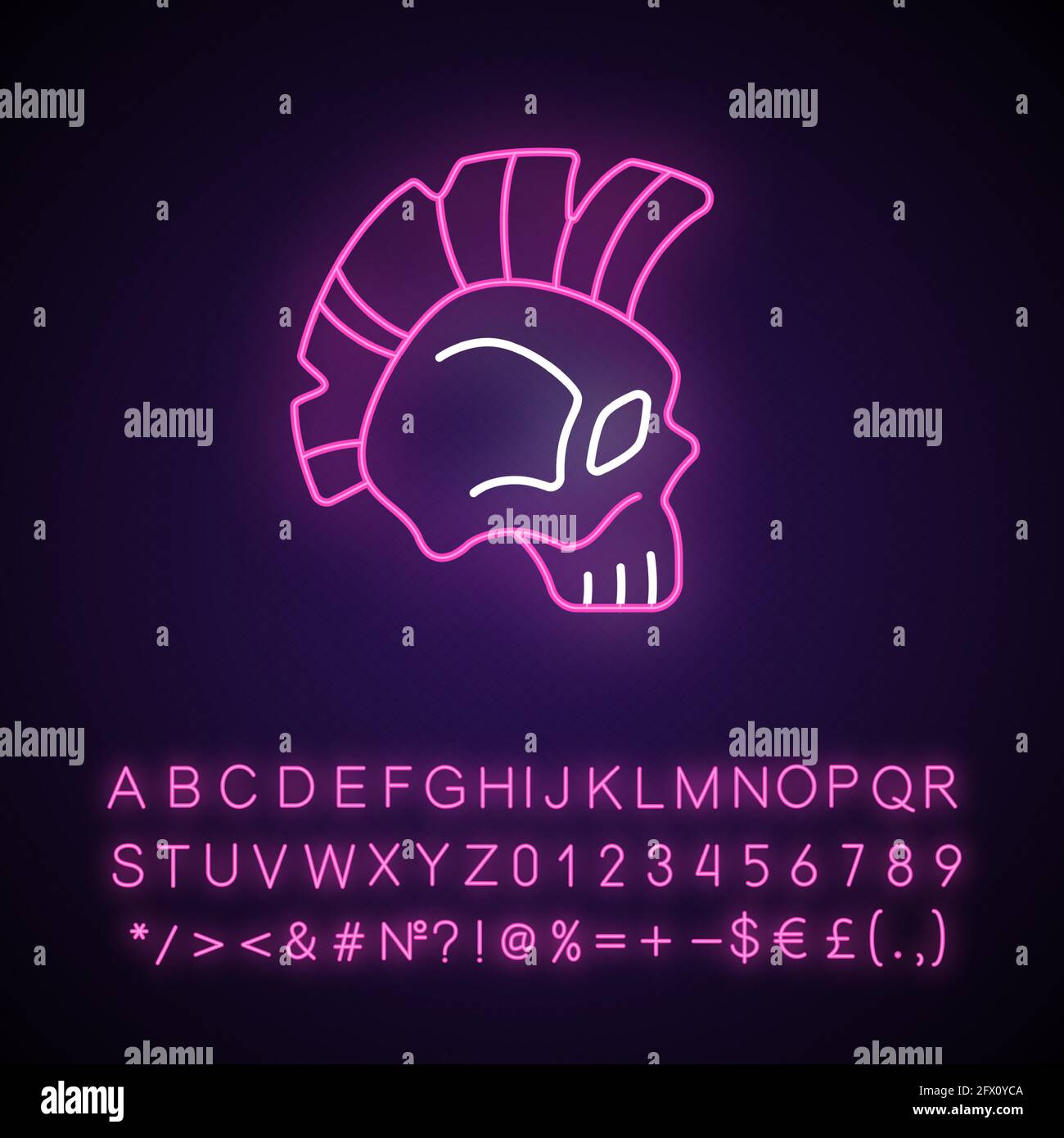 Cranio con icona di luce al neon mohawk Illustrazione Vettoriale