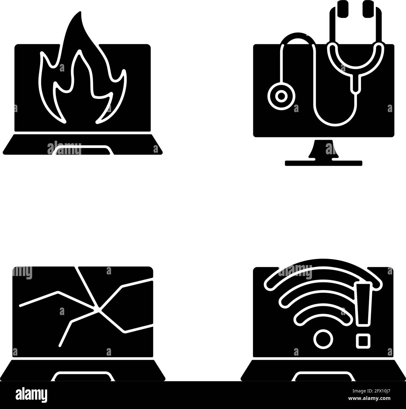 Il computer emette icone glifo nere impostate su spazio vuoto Illustrazione Vettoriale