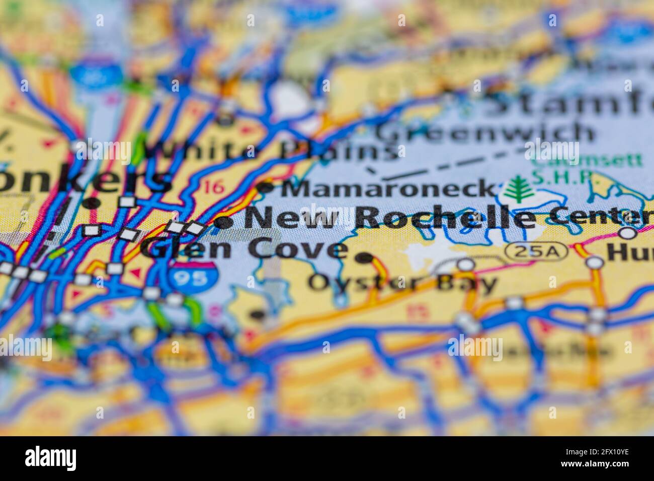 New Rochelle New York USA su una mappa geografica o su una mappa stradale Foto Stock