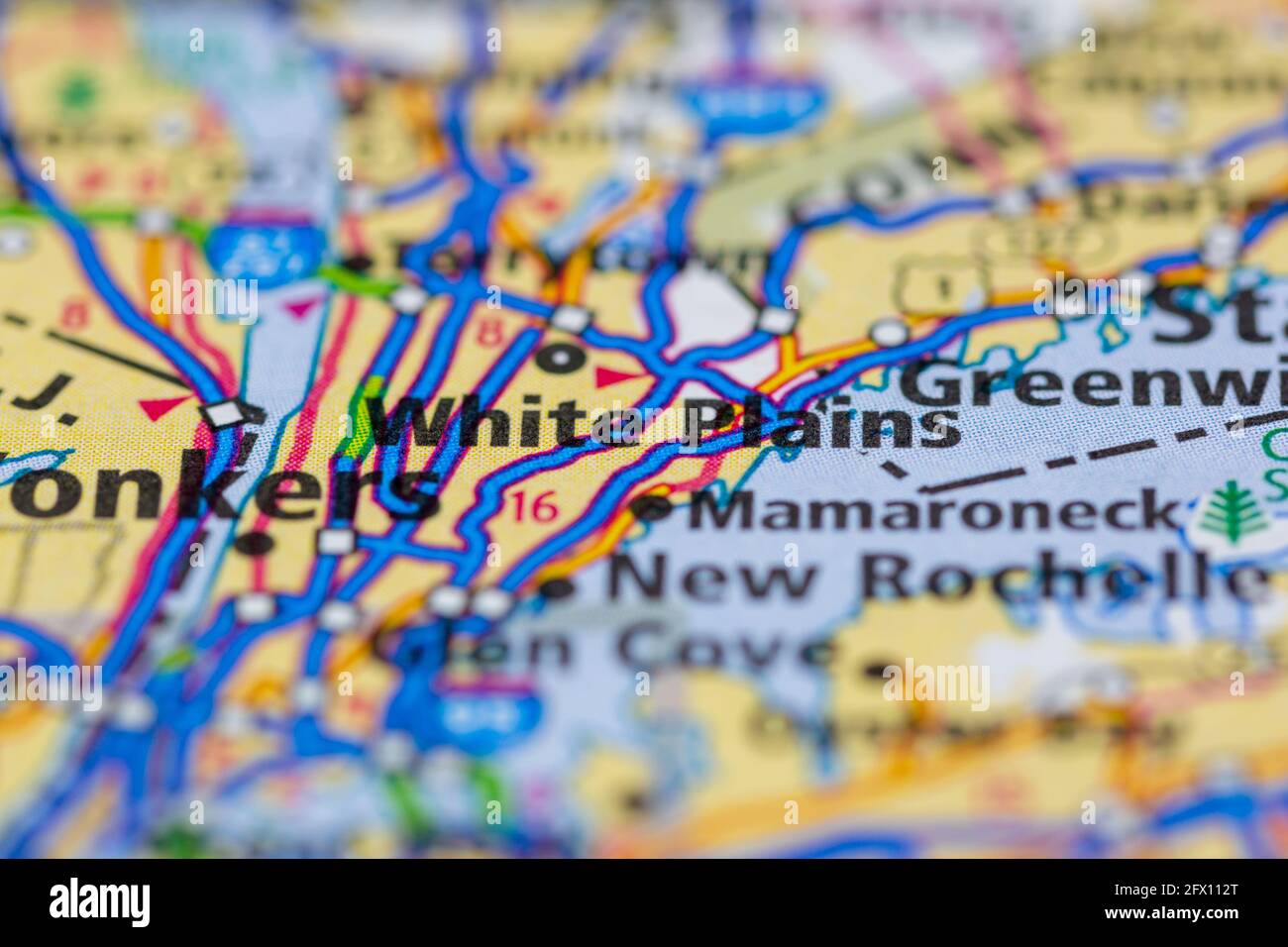 White Plains New York USA su una mappa geografica o su una mappa stradale Foto Stock