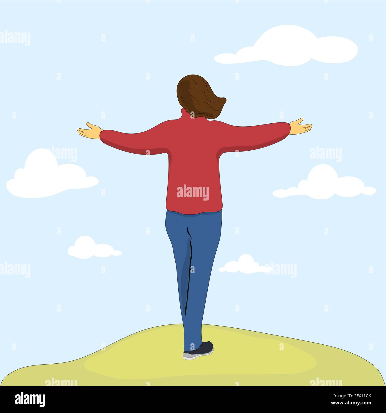 Donna felice in maglione in piedi con le mani alzate in su in un paesaggio nuvoloso. Vista posteriore. Vettore Illustrazione Vettoriale