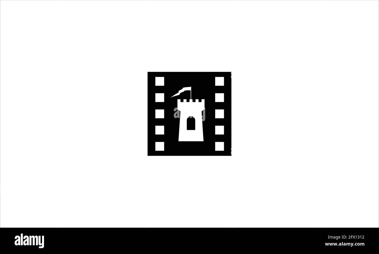 Il design del logo della striscia di film della torre del castello di film o l'illustrazione di Vector per la creazione di un modello grafico di produzione di studi cinematografici Illustrazione Vettoriale