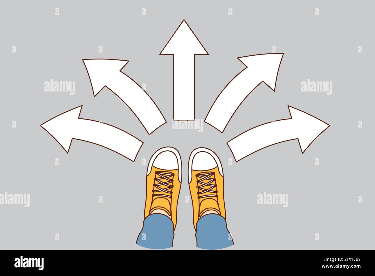 Concetto di scelta e decisione. Piede umano in sneakers in piedi con frecce in varie direzioni intorno alla varietà di scelta e direzioni illustrazione vettoriale Illustrazione Vettoriale