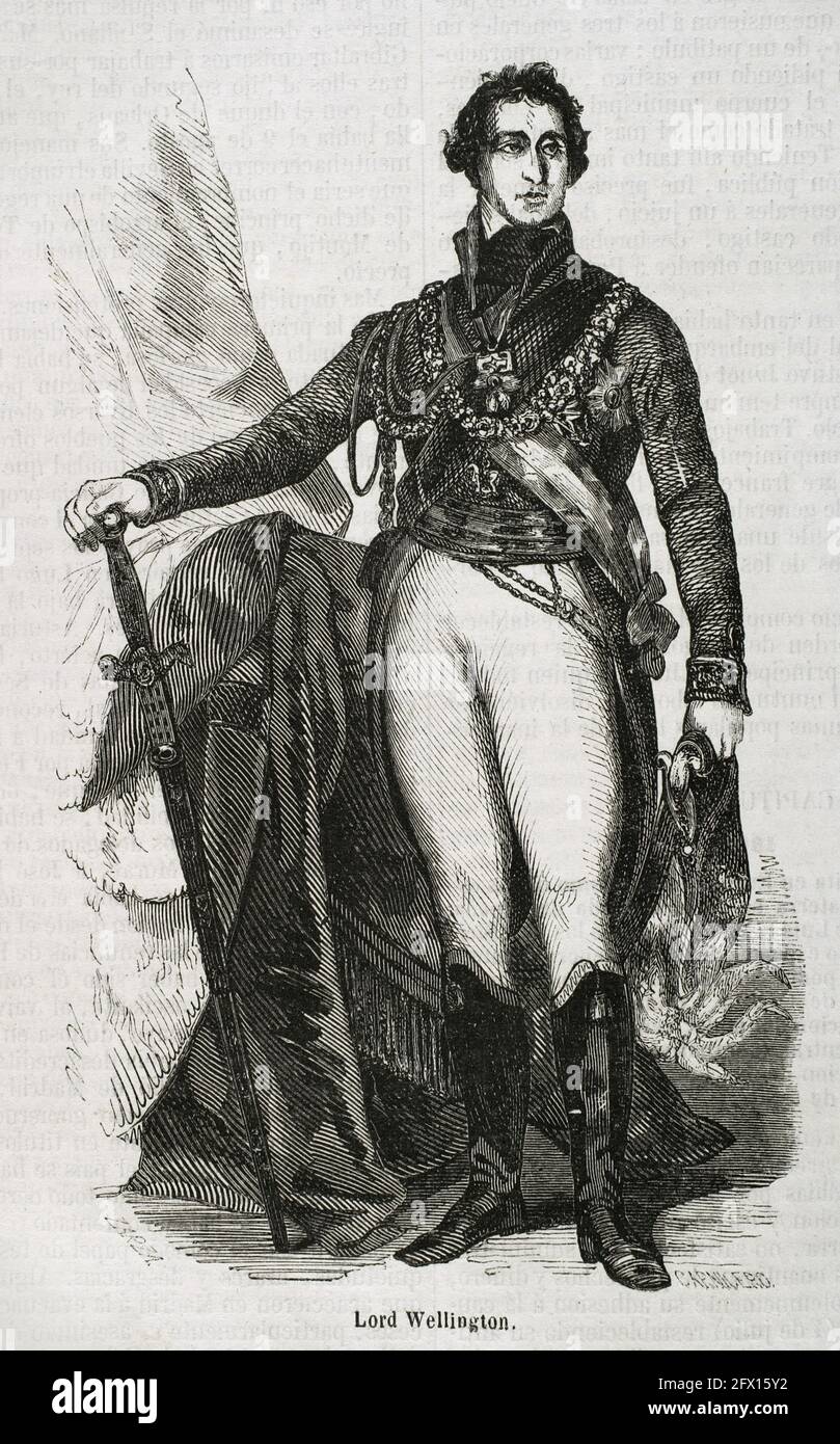 Arthur Colley Wellesley, i duca di Wellington (1769-1852). Generale e politico britannico. Durante la guerra peninsulare guidò le truppe britanniche combattendo in Spagna contro Napoleone. Verticale. Illustrazione di Zarza. Incisione di Carnicero. Historia Generale de España di Padre Mariana. Madrid, 1853. Foto Stock