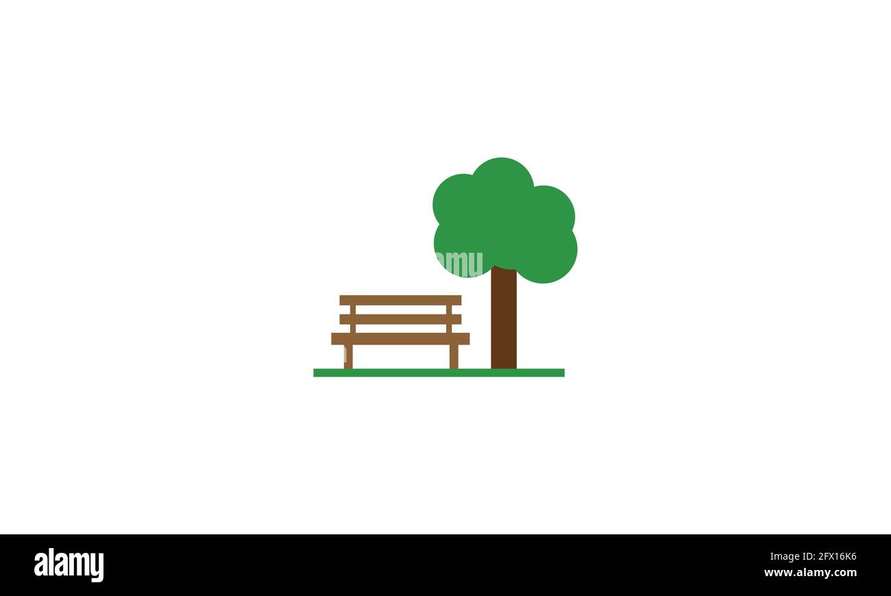 Illustrazione del disegno del logo dell'icona del vettore di parco con panca e albero Illustrazione Vettoriale