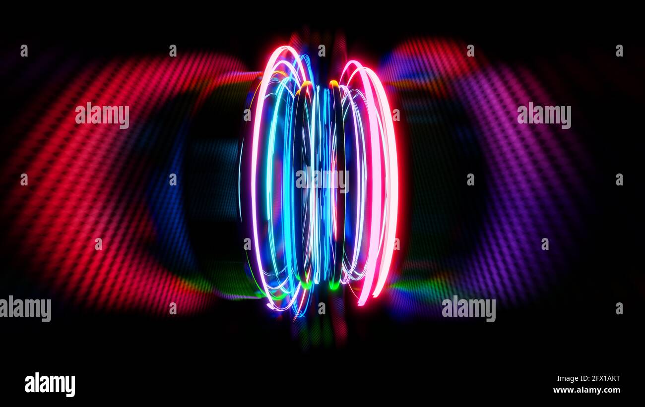 rendering 3d, linee incandescenti, riflessione, sfondo astratto Foto Stock