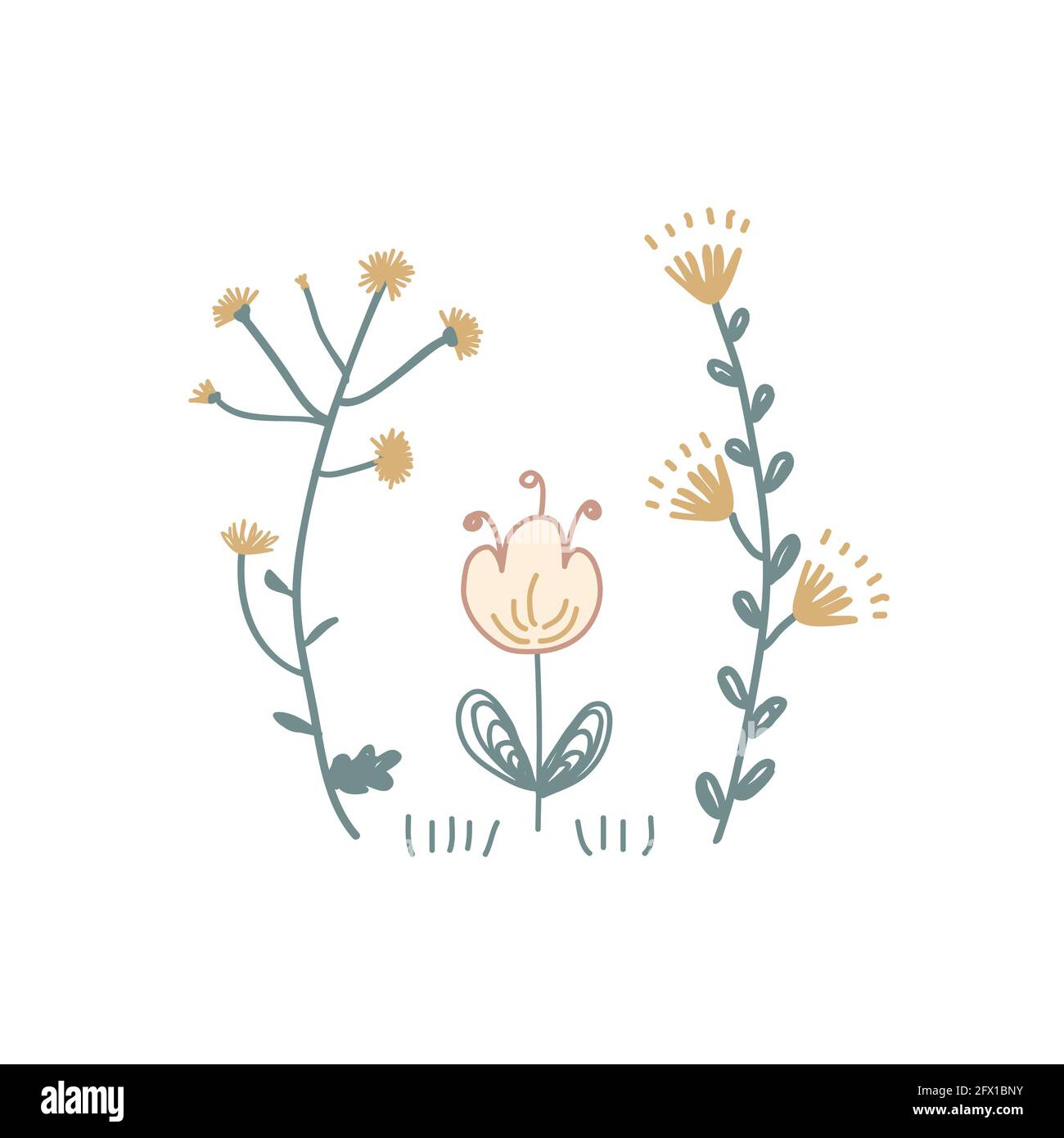 Fiori floreali moscali illustrazione vettoriale. Clip art scandinava folksy fiore mazzo isolato su bianco. Grafica estiva decorativa, logo per bambini o. Illustrazione Vettoriale