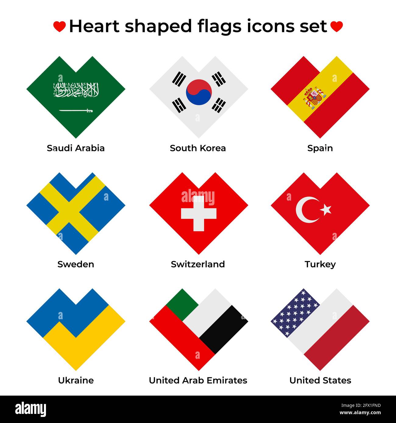 Set di icone di bandiere a forma di cuore. Icona a bandiera a forma di cuore rettangolare semplice. Icona vettore, simbolo, pulsante. Illustrazione in stile piatto Illustrazione Vettoriale