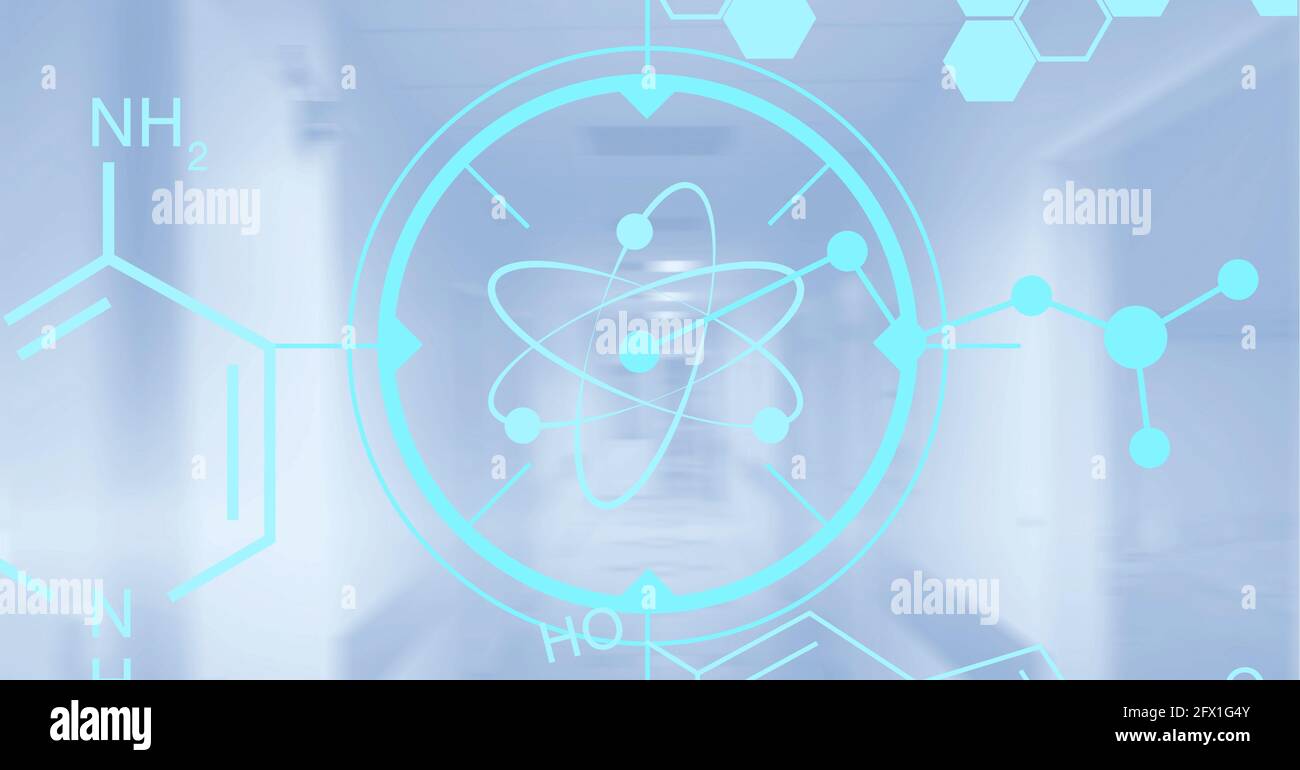 Composizione di atomi e dati scientifici su ospedale Foto Stock