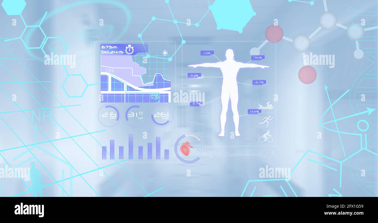 Composizione dello schermo con dati medici e icone sull'ospedale Foto Stock